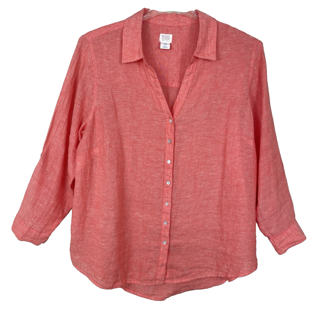 Sigrid Olsen 100% Linen Tunic Top Women's 1X Coral Roll Tab Beach Coastal Casual